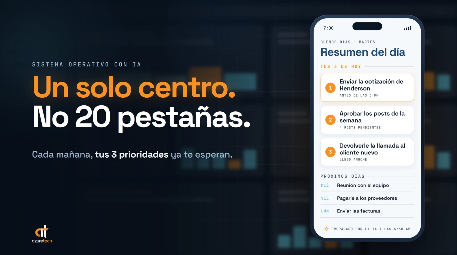 Un teléfono con un resumen de la mañana y las 3 tareas principales del día