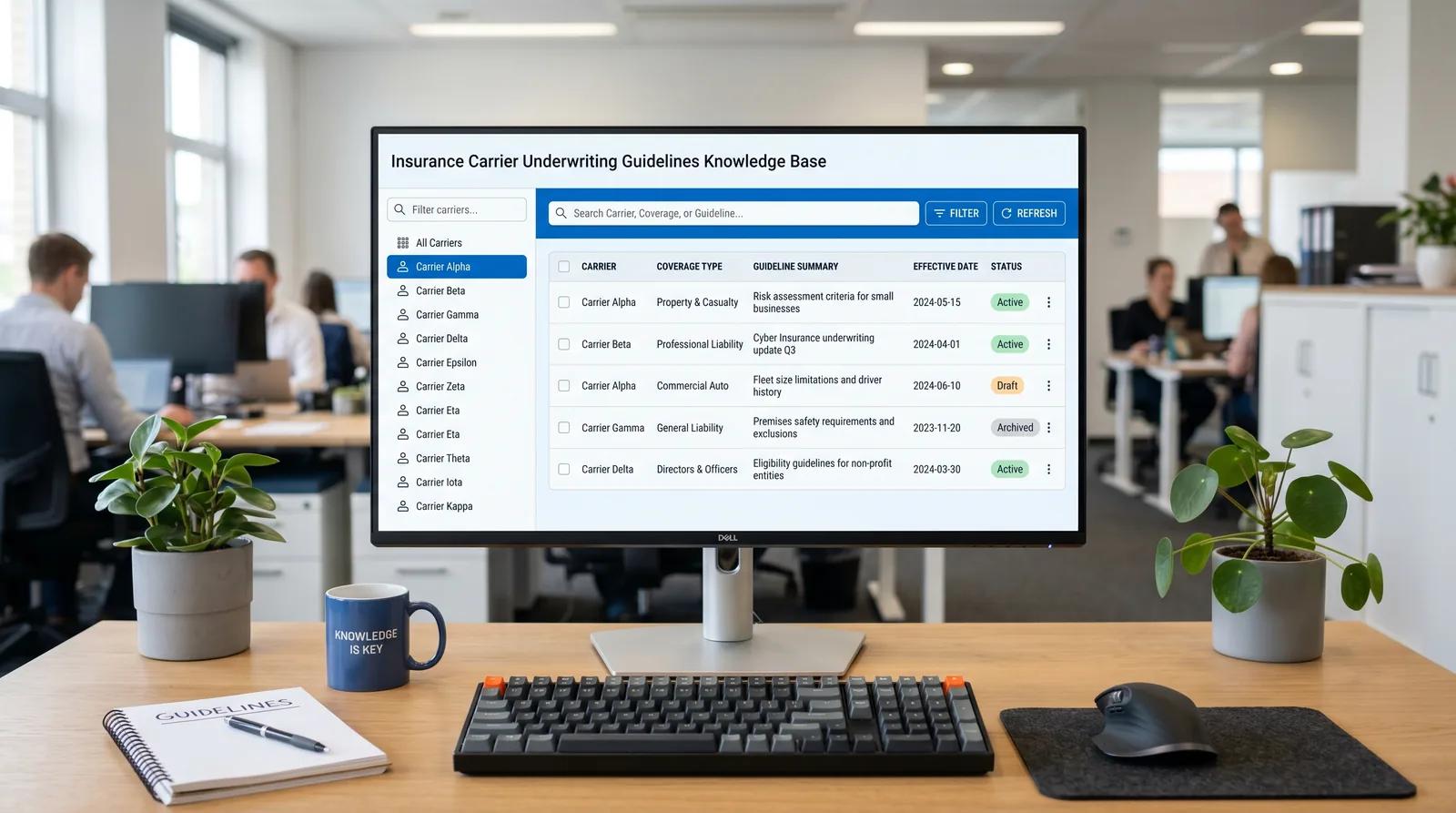 searchable carrier guidelines knowledge base showing current rules across multiple insurance carriers