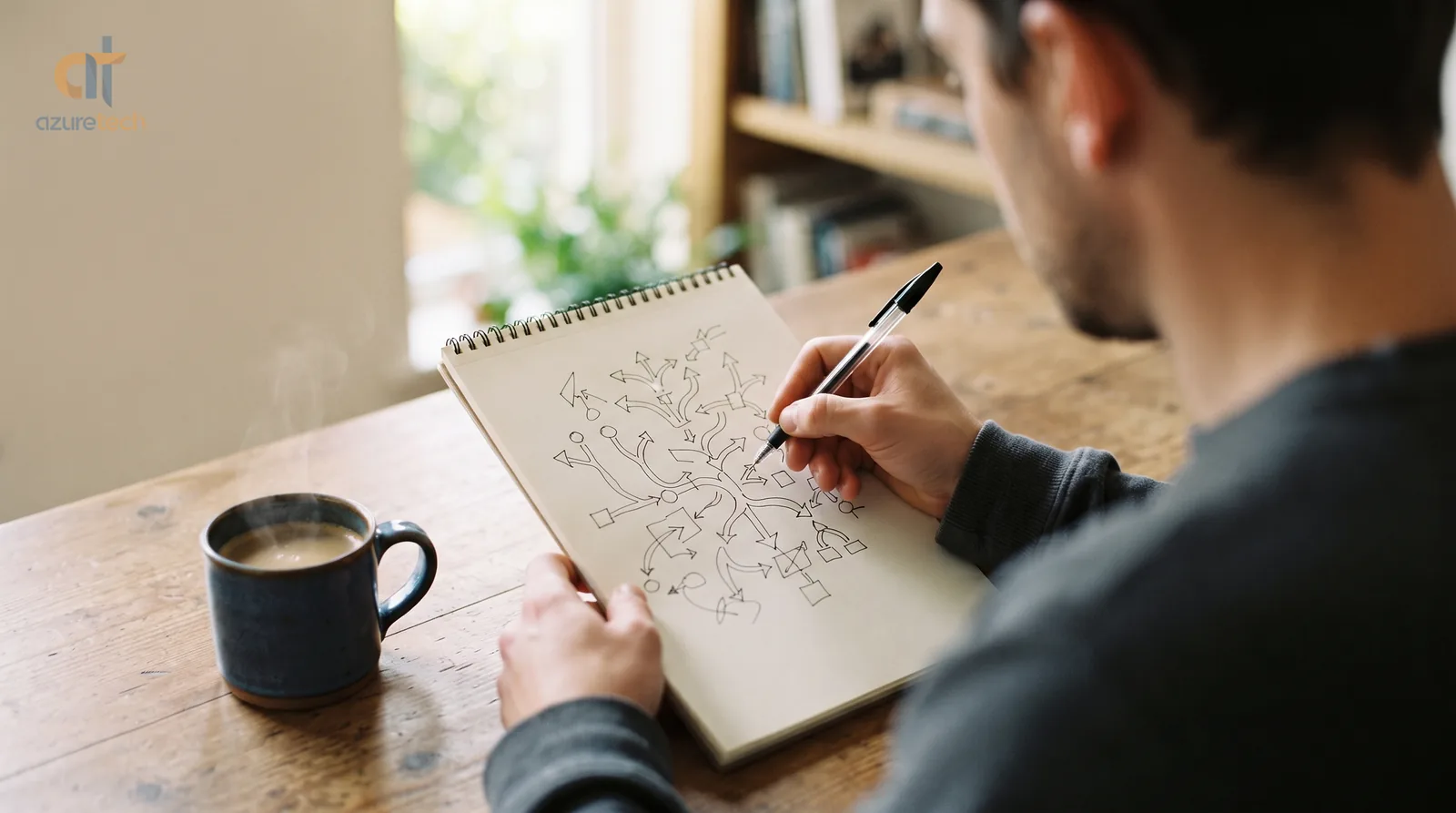 Someone sketching a branching flow diagram on a notepad, arrows splitting into separate paths