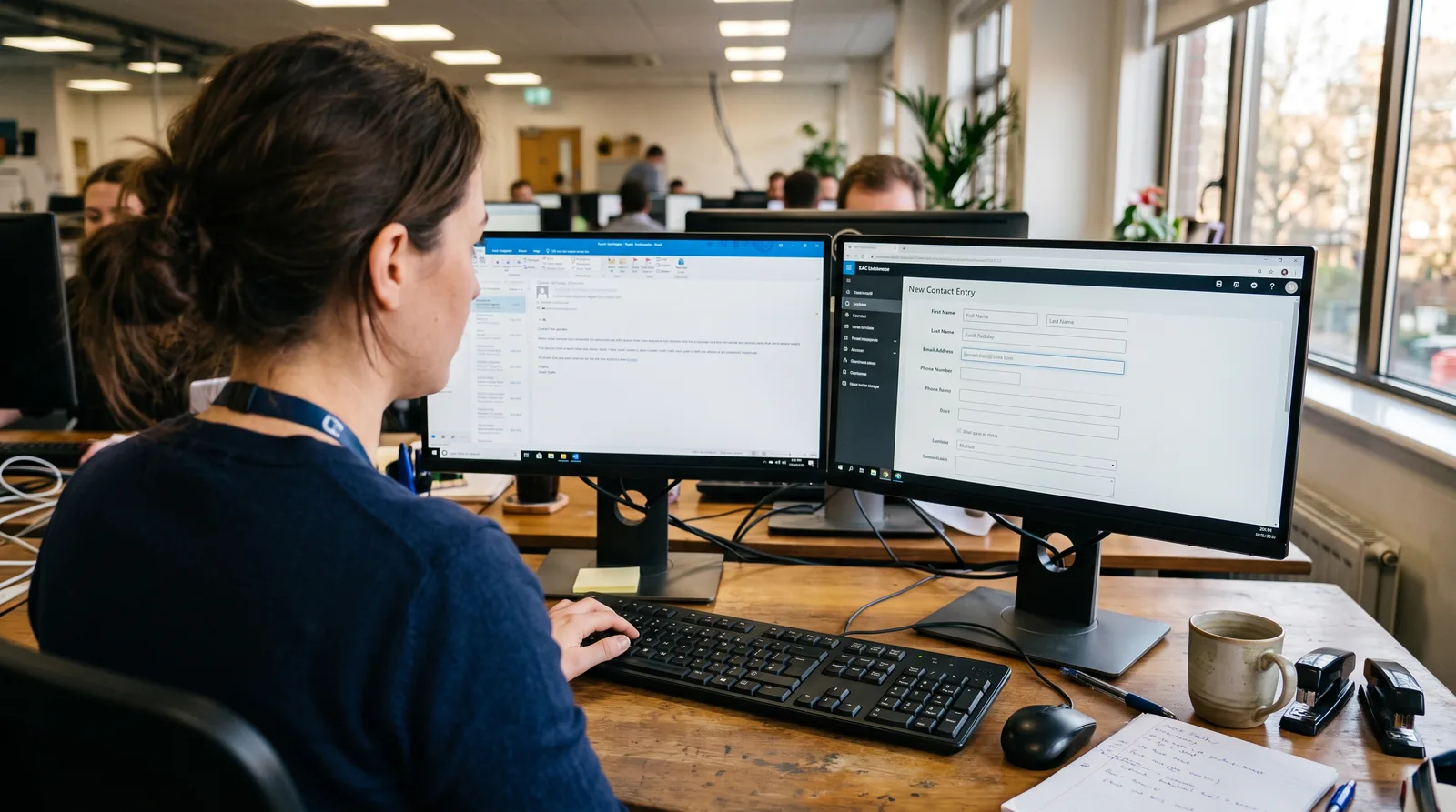 Employee retyping details from an email into a CRM contact form across two monitors