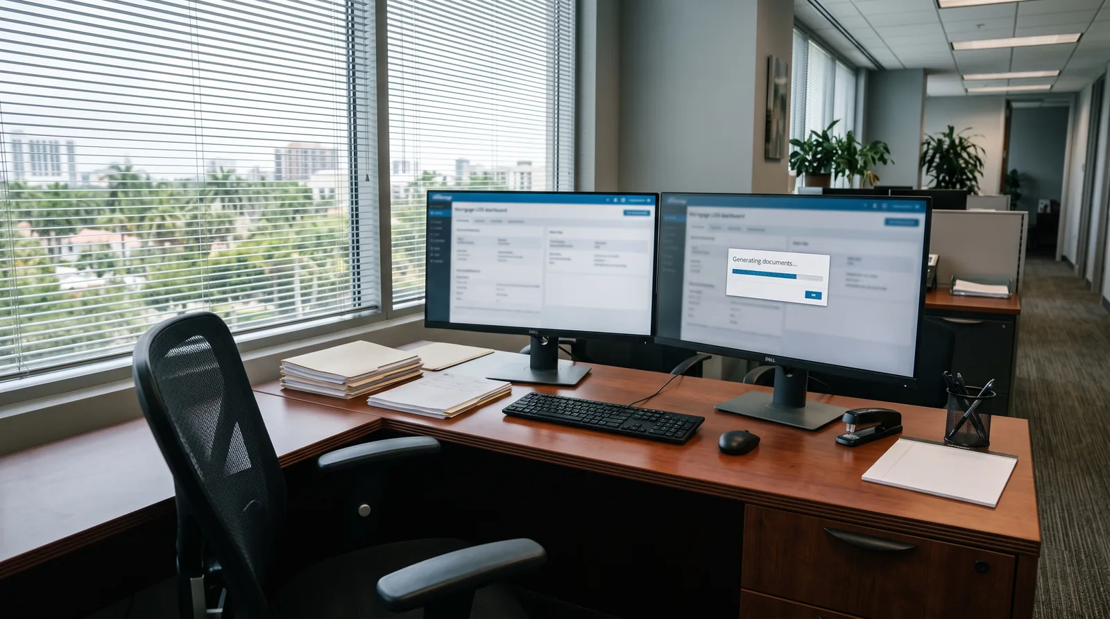 Empty loan officer desk with a Generating documents pop-up on the loan origination system, chair pulled out