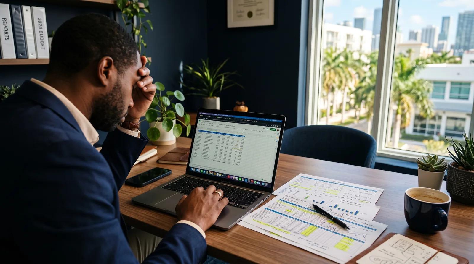 South Florida business owner reviewing manual workflow reports at a cluttered desk