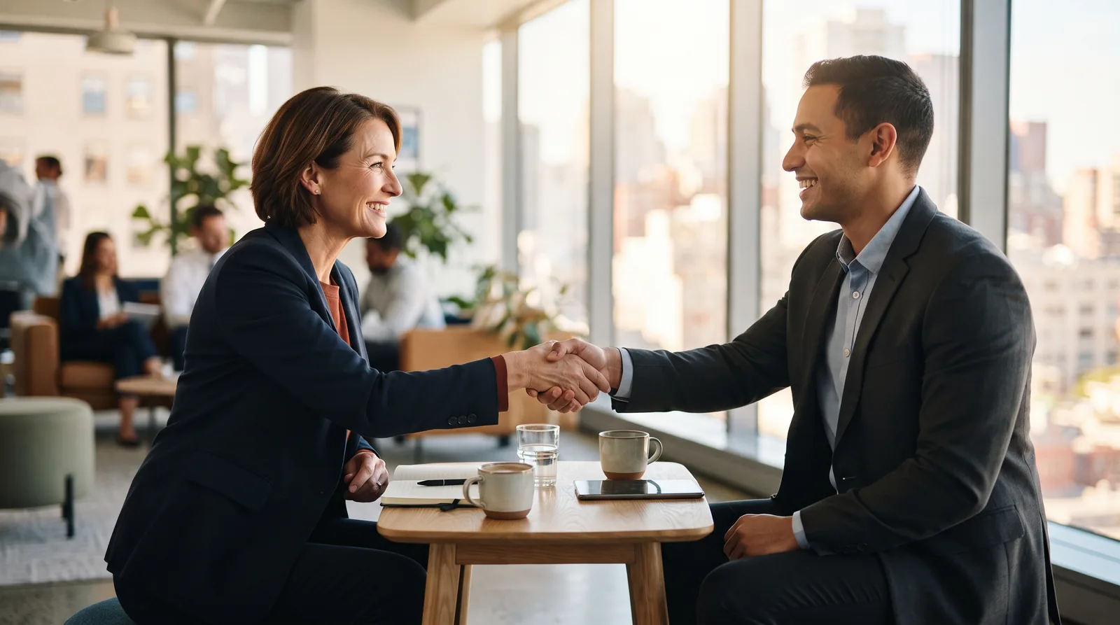 A business owner shaking hands with a job candidate across a small table in a bright office