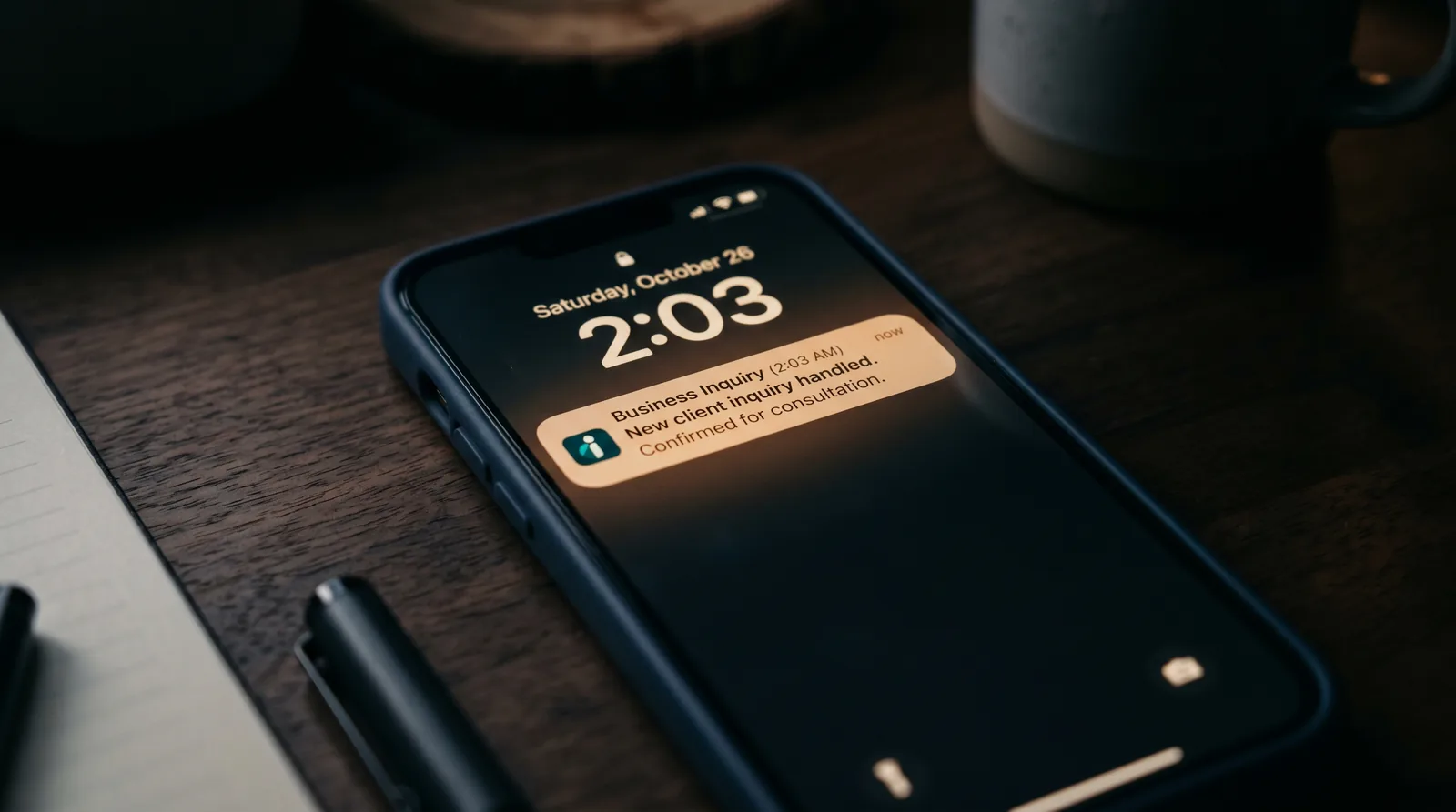A phone on a desk at 2 AM showing a notification that a new client inquiry was received and handled automatically
