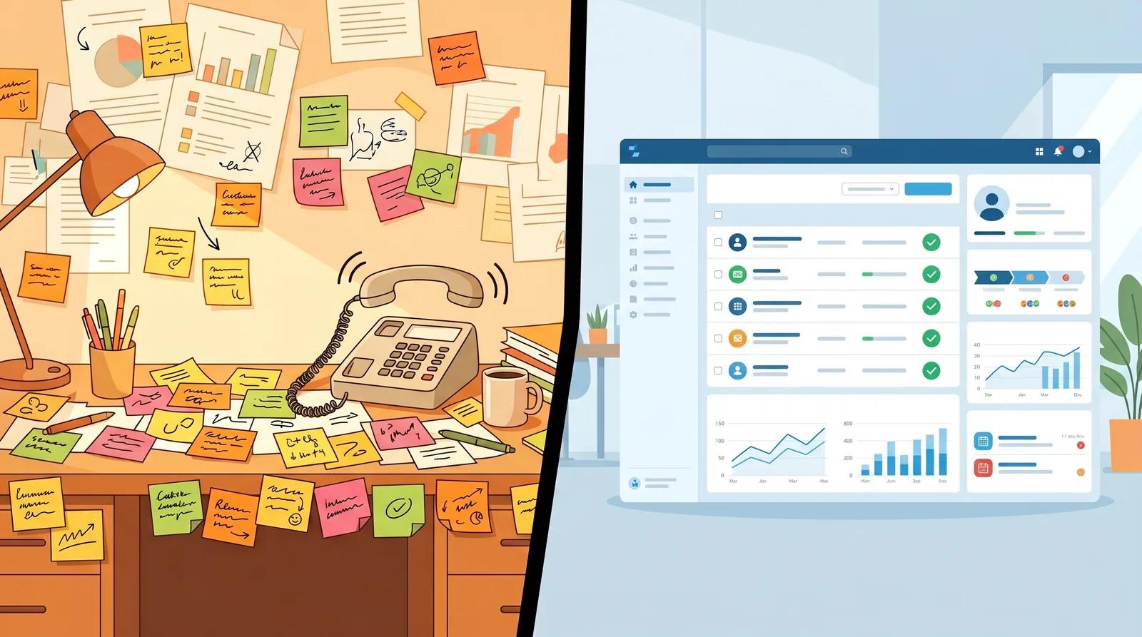 Split screen: manual sticky note chaos on the left versus clean automated CRM on the right