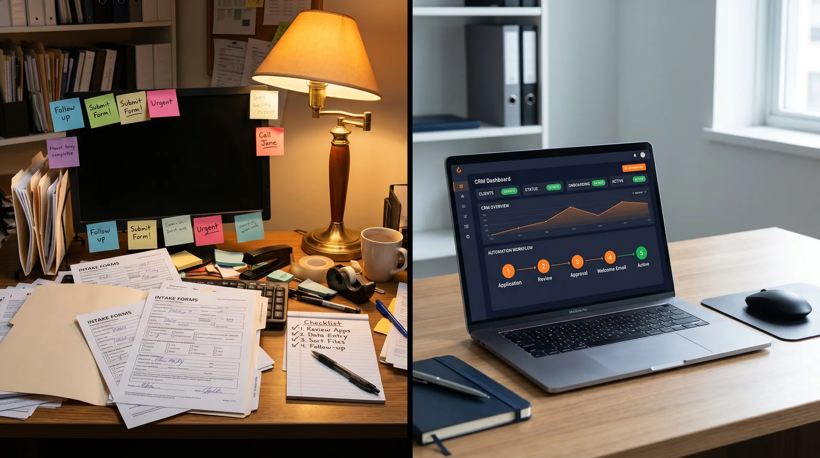 Split image contrasting a cluttered manual paper intake desk with a clean three-step automated intake workflow on a laptop