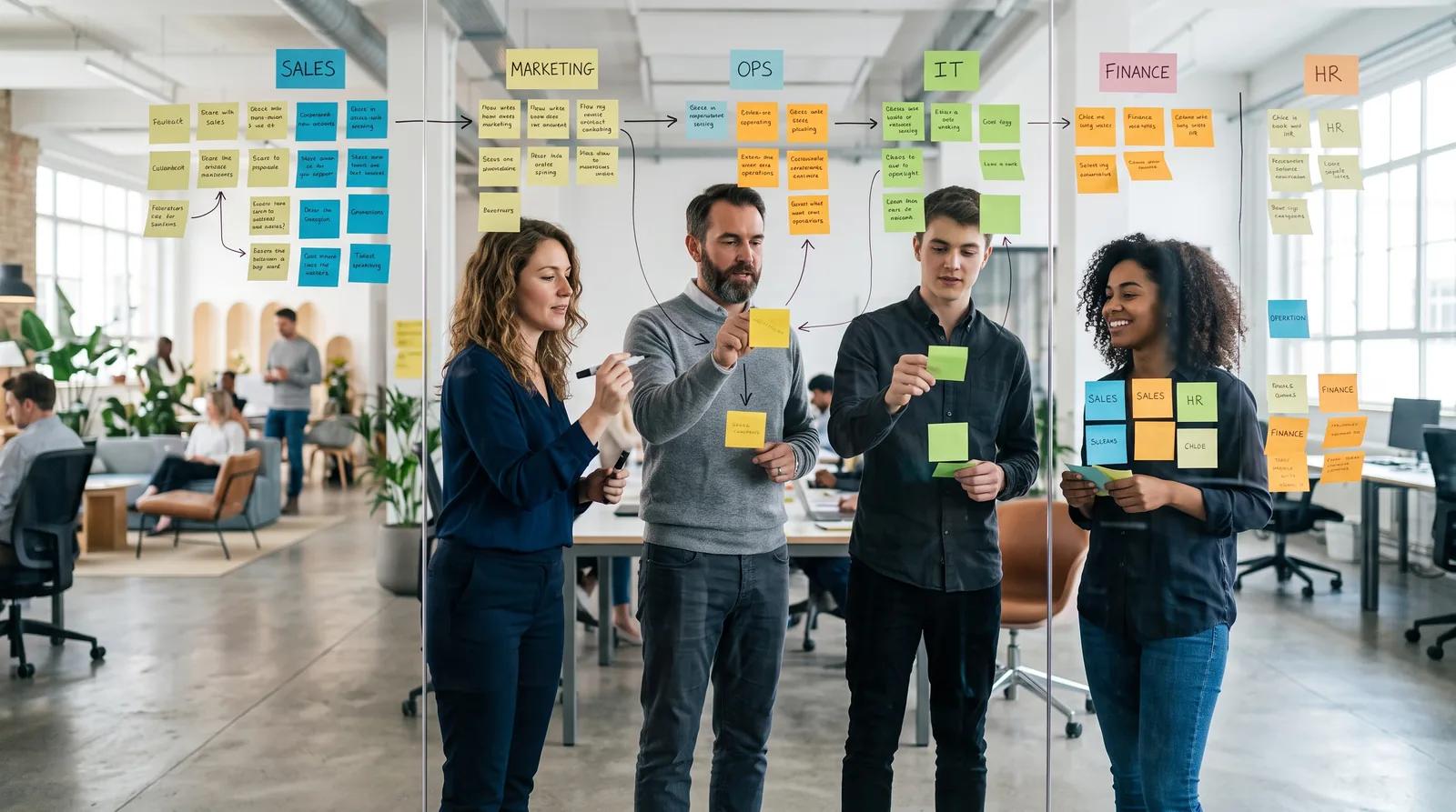 Team mapping business processes across departments on a glass wall