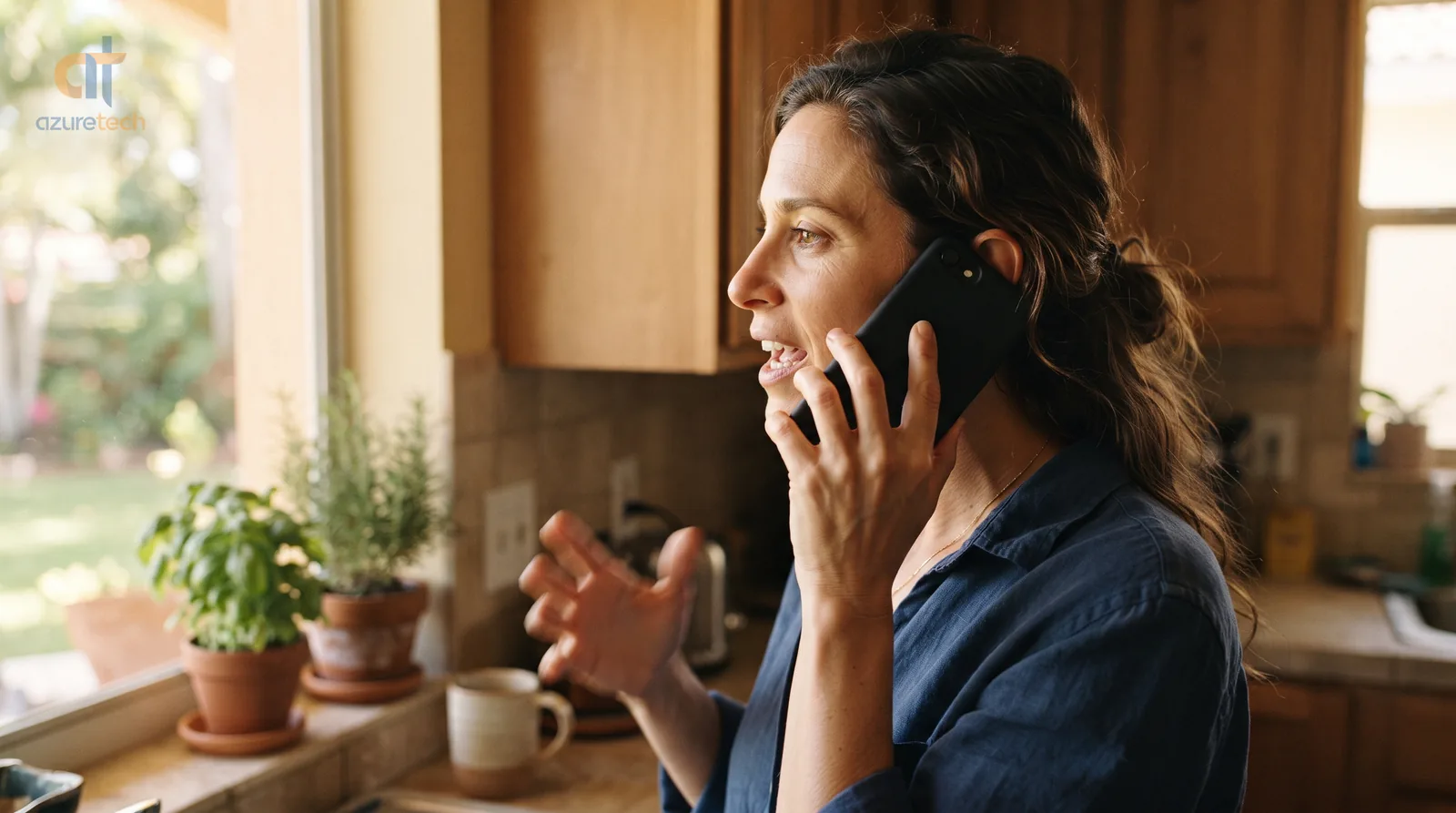 A woman speaking animatedly on her phone in a sunlit kitchen