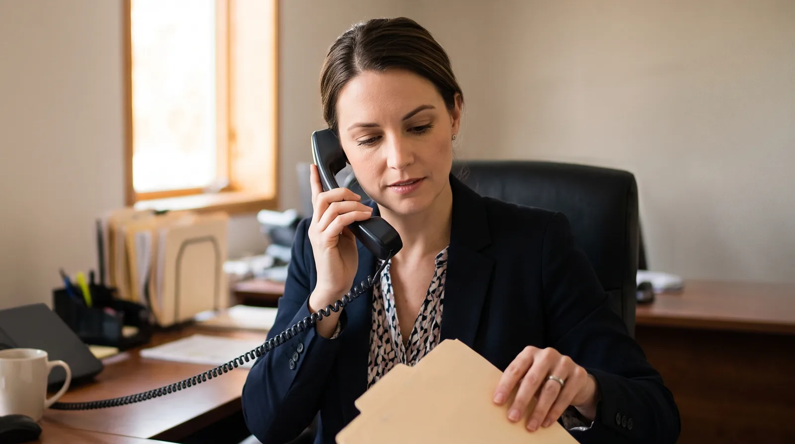 A paralegal at a small law office front desk answering the phone while sorting court documents