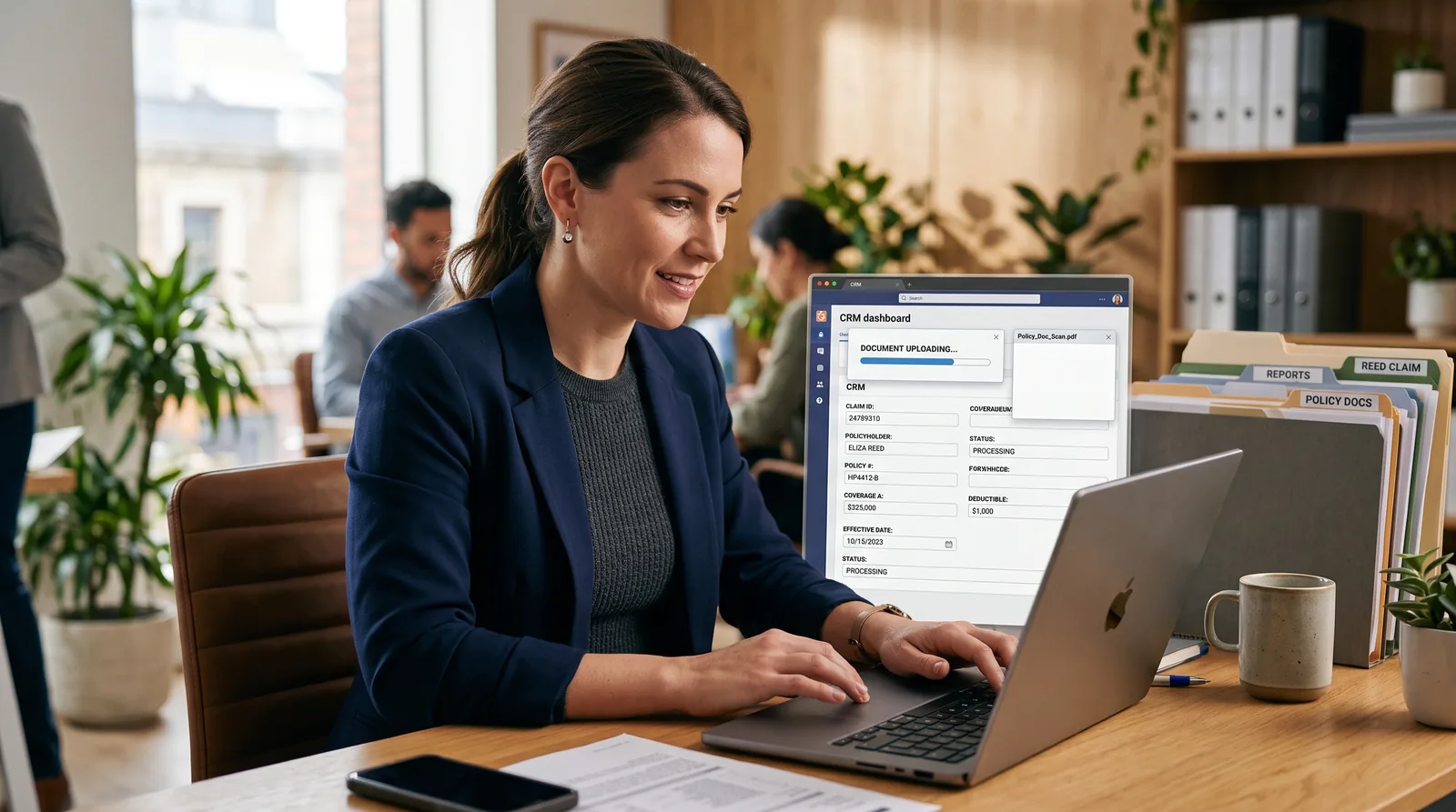 A public adjuster uploading an insurance policy as coverage details populate the CRM