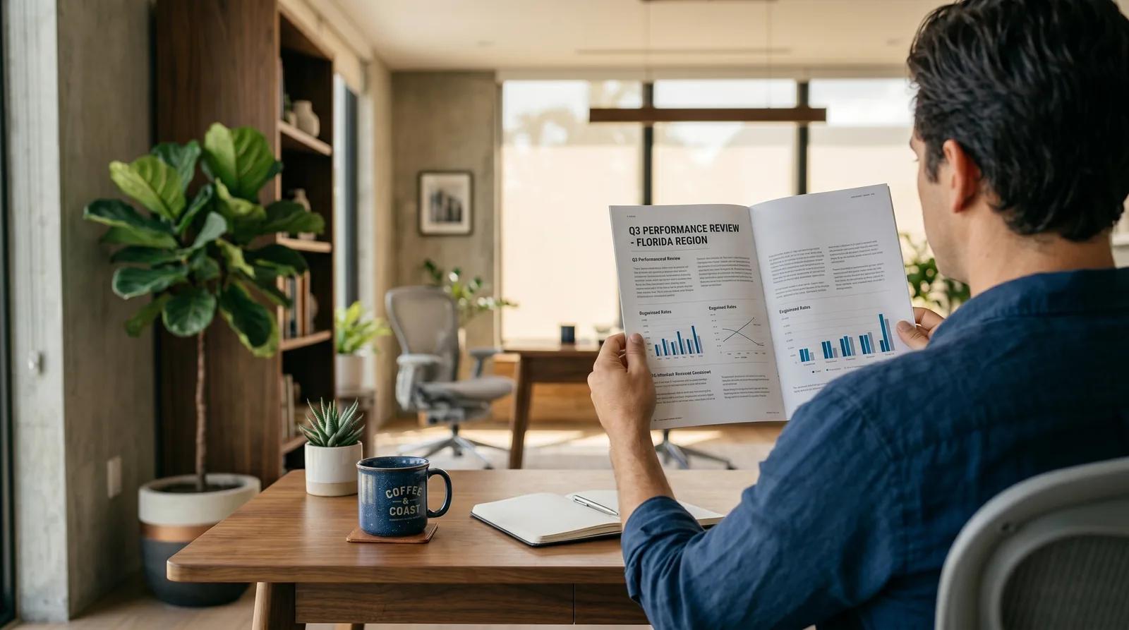 Business professional reading an auto-generated report over morning coffee