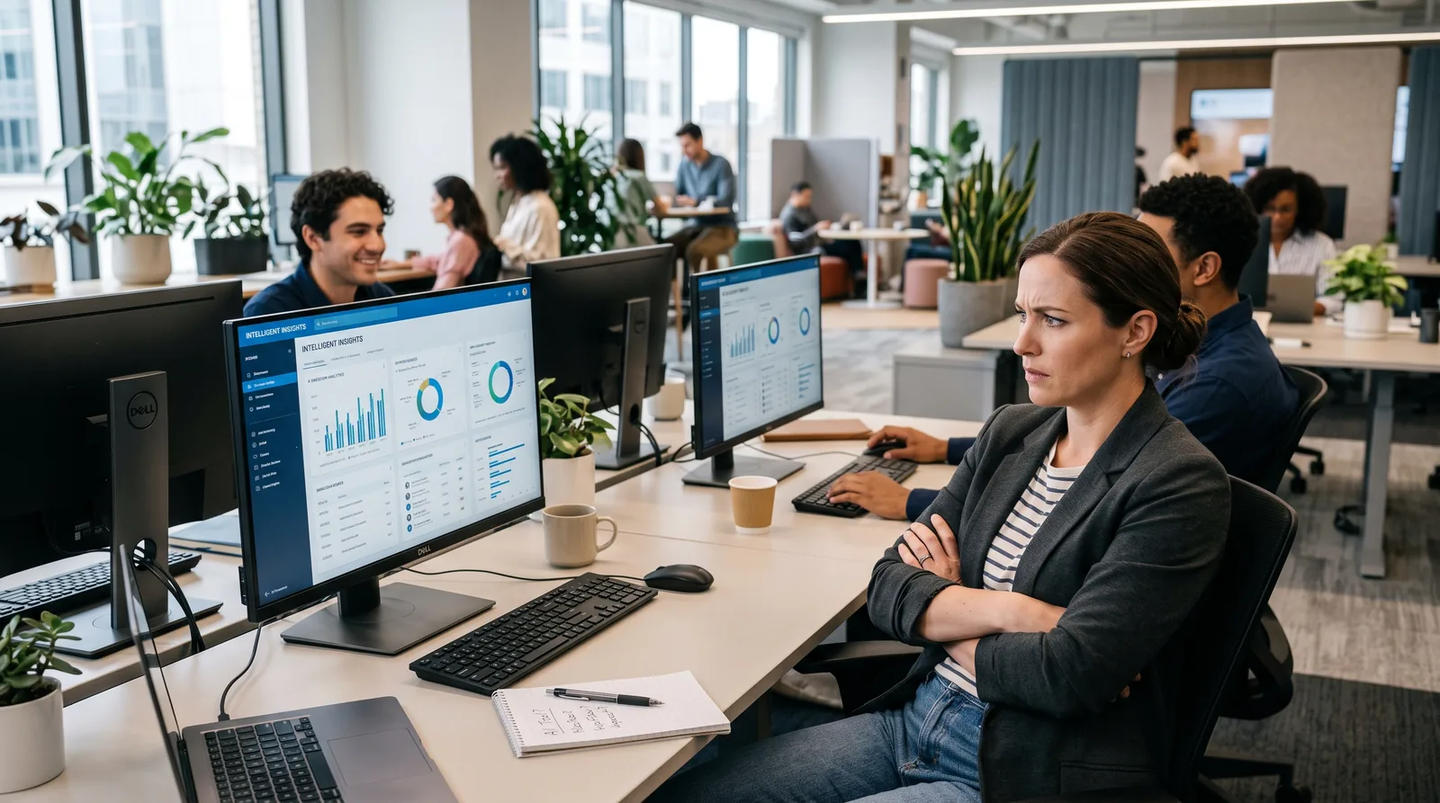 A skeptical employee hesitating over a new AI tool while a colleague uses it