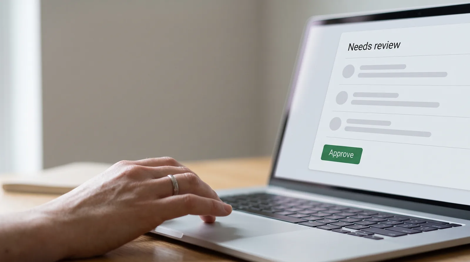 A short needs-review list on a laptop screen with an approve button