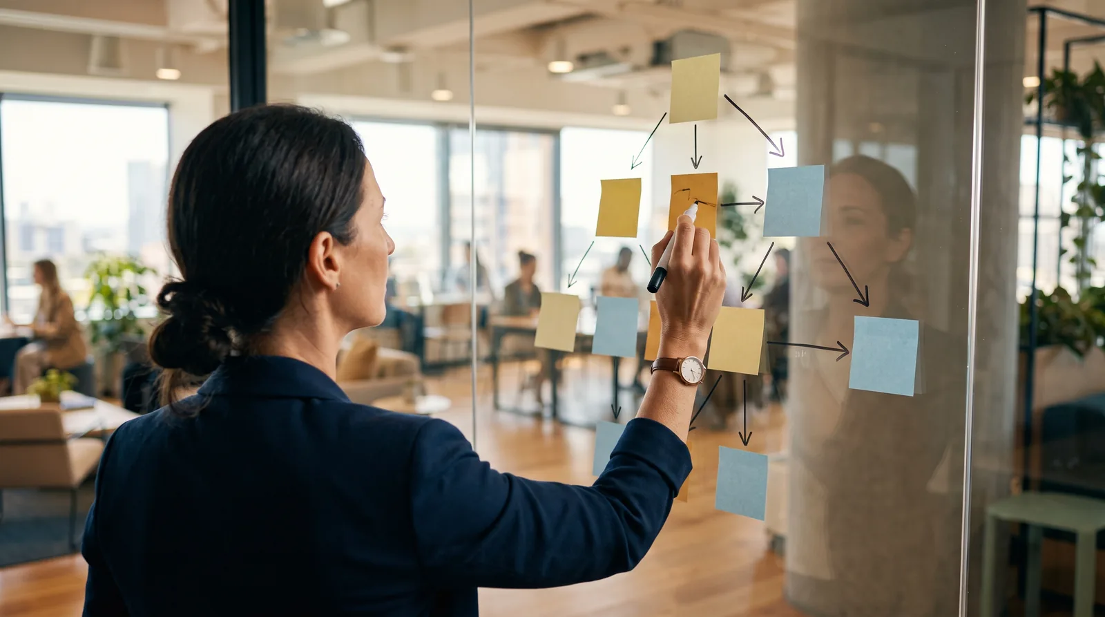 A business owner arranging blank sticky notes into a branching decision flow on a glass office wall