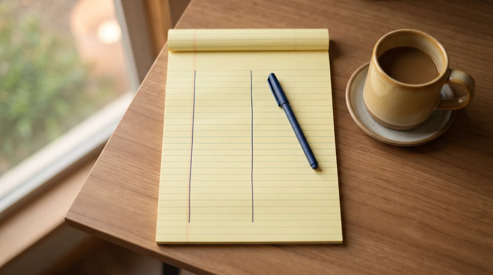 An overhead view of a yellow legal pad divided into columns, with a pen and a cup of coffee