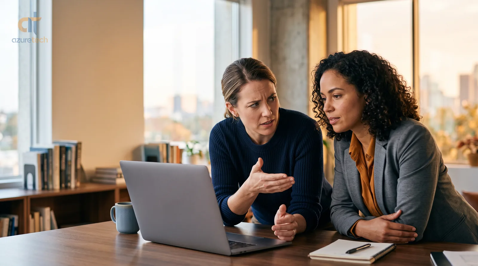 Two colleagues leaning toward a laptop during a vendor demo, one mid-question and visibly skeptical