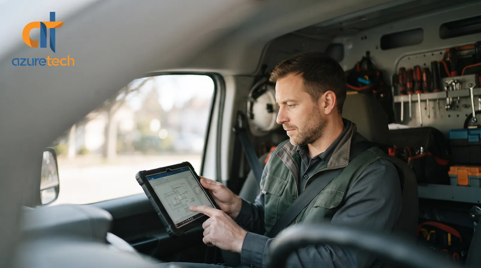 Un proveedor de mantenimiento en su camioneta de trabajo leyendo una orden de trabajo asignada en una tablet