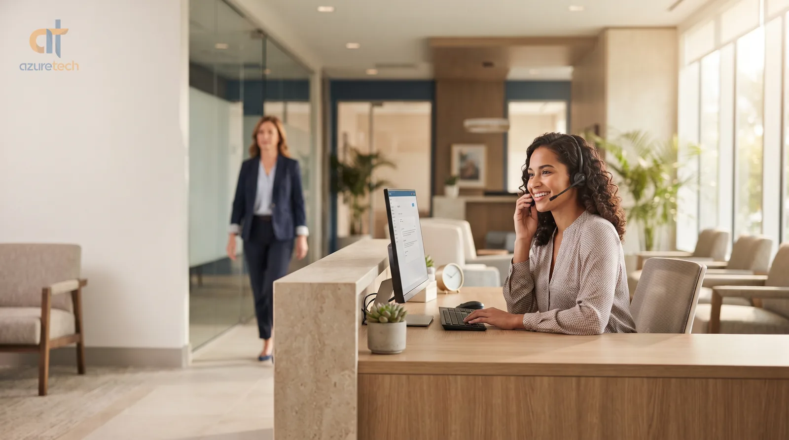 A receptionist smiling while speaking on a headset at a calm law office front desk