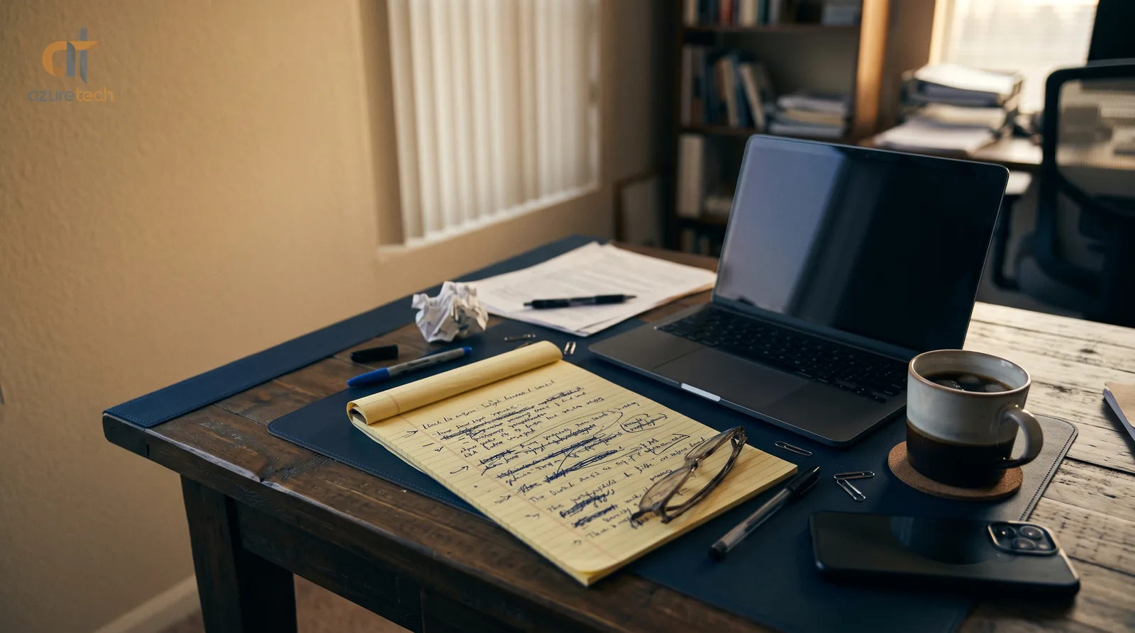 A desk at the end of a long day with a legal pad full of crossed-out notes and cold coffee